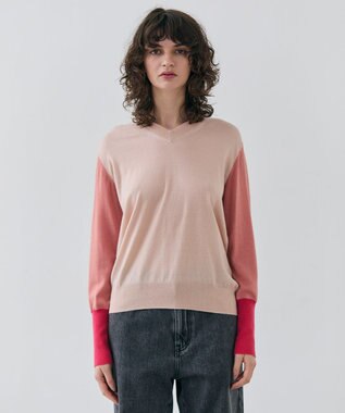 BEIGE， 【洗える】BURNET / カラーミックスVネックトップス Nude×Salmon×Pink