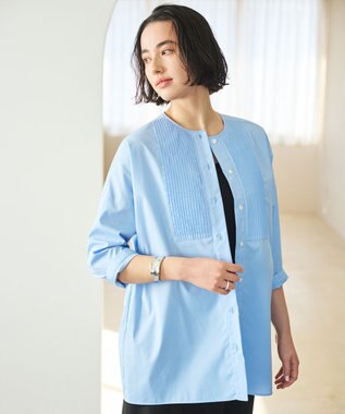 #Newans 【洗濯機可能/シワになりにくい】〈お腹・腰回りをカバー〉ピンタックデザインスクエアブラウス ブルー