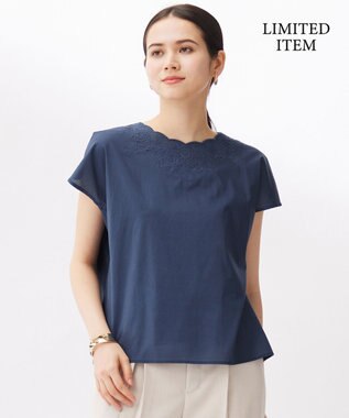 自由区 S 【WEB限定・接触冷感・洗える】エンブロイダリーローンプルオーバー ブラウス コバルトブルー