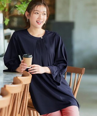 Tiaclasse 【洗える】アシメタックネックチュニックブラウス ネイビー
