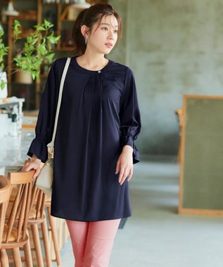 Tiaclasse 【洗える】アシメタックネックチュニックブラウス ネイビー
