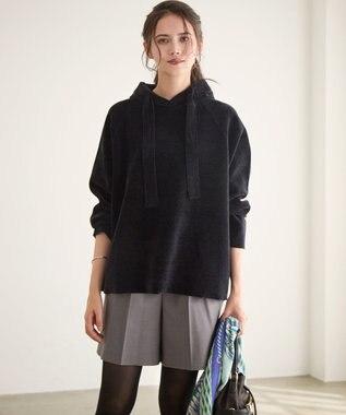 23区 【SLOW/一部店舗限定】ベロア風ニット パーカー ブラック系