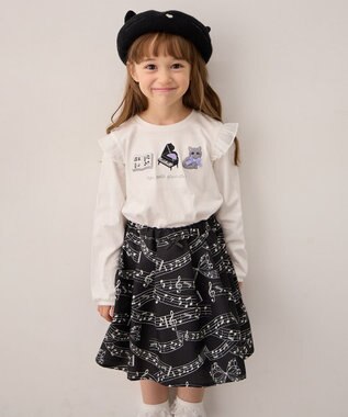 ANY KIDS おけいこモチーフ刺繍入り 長袖Tシャツ オフホワイト（ねこ×ピアノ）