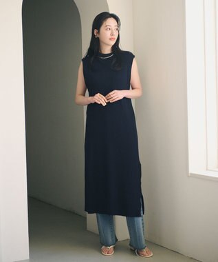 #Newans 【洗える】サーマルノースリーブワンピース ネイビー系