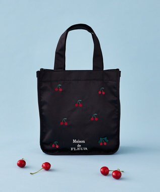 Maison de FLEUR チェリー刺繍パイピングスクエアトートバッグ Black