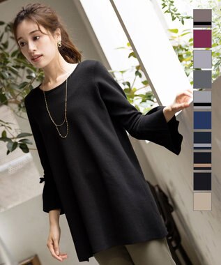 Tiaclasse L 【洗える】ミラノリブ編みのフレア袖ニットチュニック ブラック