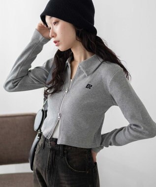 WEGO ワンポイント刺繍WZIP長袖トップス 杢グレー