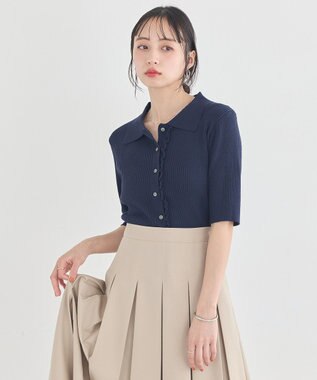 earth music&ecology ミニフリルポロカーディガン Navy