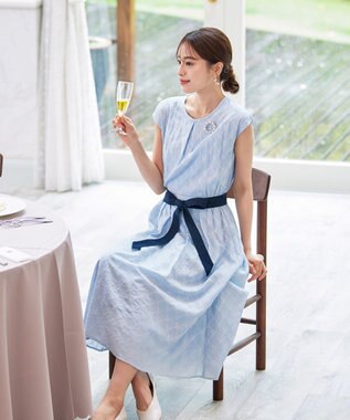 Tiaclasse 【洗える】配色刺繍レースワンピース サックス×ネイビー