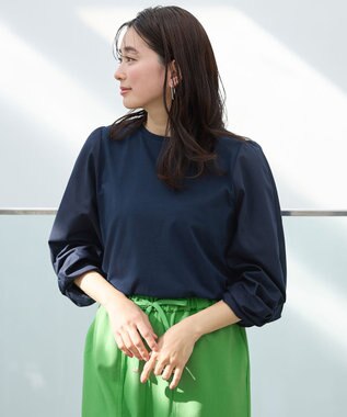 ANY 【洗濯機可/UVケア/アンチピリング】布帛ねじり袖コンビプルオーバー ネイビー