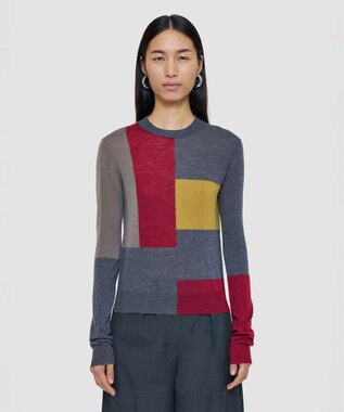 【洗える】キャッシュエアーオーバーレイ　ラウンドネックニット