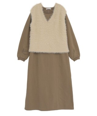 Green Parks ＳＥＴ２点ラメフェザーベスト＋ミニ裏毛ワンピース Beige