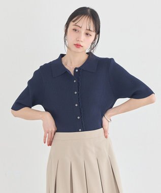 earth music&ecology ミニフリルポロカーディガン Navy