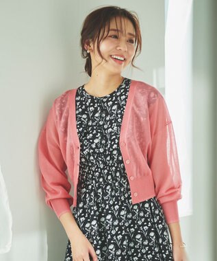 Feroux 【洗える】Vネックシアー カーデ ローズ系