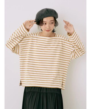 earth music&ecology スクエアボーダープルオーバー Mustard