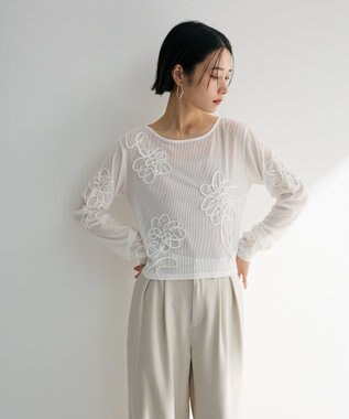 Green Parks ・ＥＬＥＮＣＡＲＥ　ＤＵＥ　コード刺繍シアーロンＴ Off White