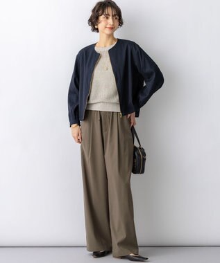 23区 リネンレーヨンストレッチ ノーカラー ブルゾン ネイビー系