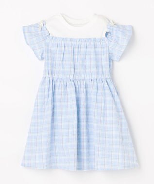 ANY KIDS 【洗濯機可能】オンオフショルダーワンピース サックスブルー×チェック