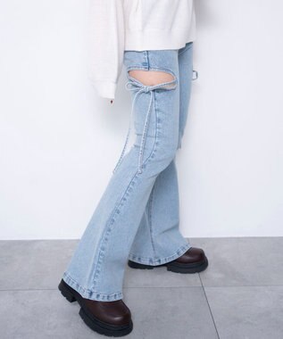 WEGO 【SMサイズ展開/伸びる】カットアウトリボンストレッチフレアデニムパンツ デニム淡加工色