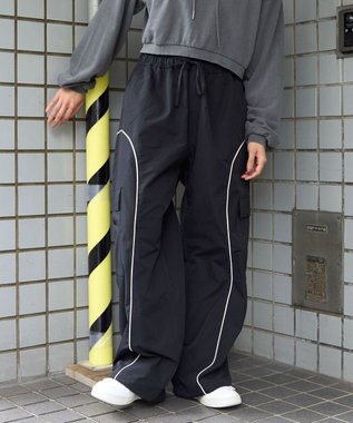 WEGO 【ユニセックス着用ITEM/ウエストゴム】イージーパイピングカーゴパンツ ブラック