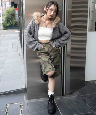 WEGO フェイクファー付きケーブルニットパーカー グレー