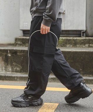 WEGO 【ユニセックス着用ITEM/ウエストゴム】イージーパイピングカーゴパンツ ブラック