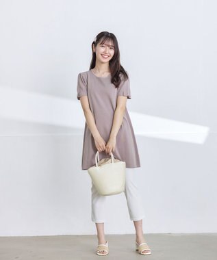 Tiaclasse L 【洗える】リボン袖ニットチュニック ピンクモカ