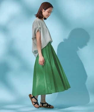 ANY 【ウエストゴム/ポケット付】シャンブレーライク フレアスカート グリーン