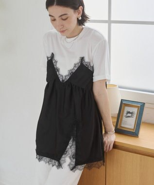 WEGO 【ANGIE VINTAGE】サテンレースドッキングレイヤードトップス ブラック