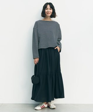 UNFILO ドライタッチリブ バックZIP ボーダートップス ネイビー×オフ