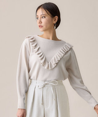 自由区 S 【洗える】ピュアカシミヤフリルディティール ニット シャンパンベージュ