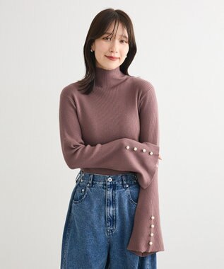 Green Parks ・ｓｗｉｎｇ　ｂｙ　袖パールボタンフレアリブニット Mocha