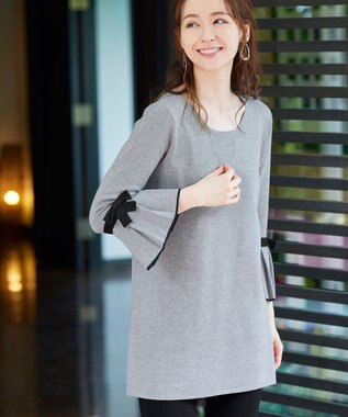 Tiaclasse L 【洗える】ミラノリブ編みのフレア袖ニットチュニック グレーブラック