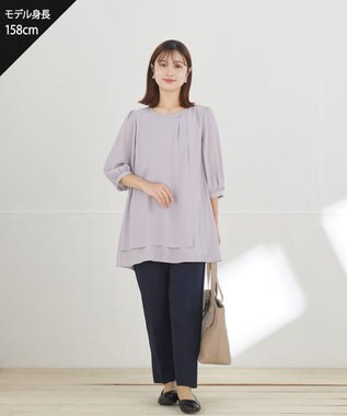 Tiaclasse 【ストレッチジョーゼット】スリットテーパードパンツ ネイビー