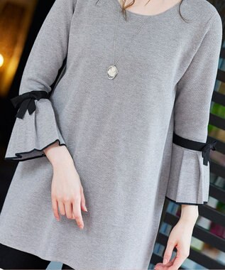 Tiaclasse L 【洗える】ミラノリブ編みのフレア袖ニットチュニック グレーブラック