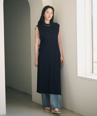 #Newans 【洗える】サーマルノースリーブワンピース ネイビー系