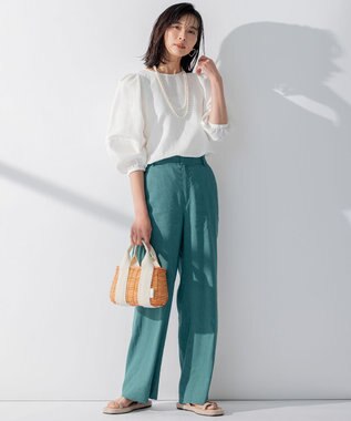 23区 S 【洗える】リネンレーヨンストレッチ ワイド パンツ ピーコックグリーン系