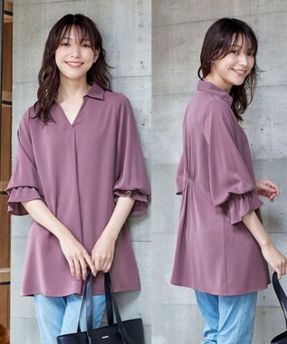    【洗える】バックシャーリングスキッパーチュニックブラウス