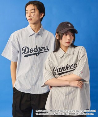 WEGO 【ユニセックス着用ITEM】別注MLBストライプグラフィックシャツ（SS） ブルーストライプ