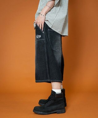 WEGO 【ユニセックス着用ITEM】ダブルニーロゴデニムショーツ デニムブラック
