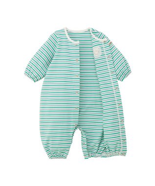 MIKI HOUSE HOT BISCUITS 【50-60cm】 みじんボーダー ワンポイント刺繍 ツーウェイオール グリーン