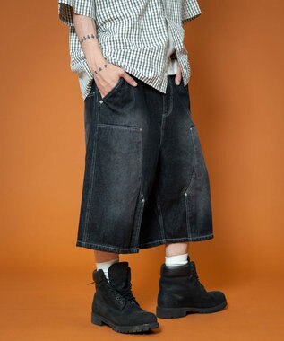 WEGO 【ユニセックス着用ITEM】ダブルニーロゴデニムショーツ デニムブラック