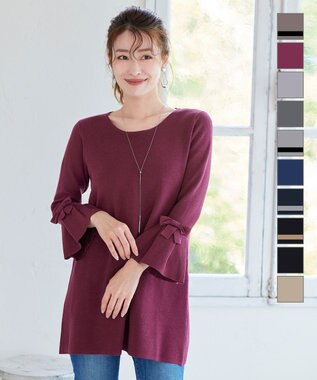  【洗える】ミラノリブ編みのフレア袖ニットチュニック