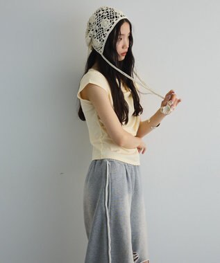 Green Parks ドレープオフショルフレンチ袖Ｔシャツ Lemon Yellow