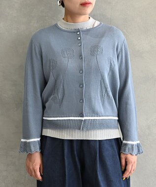 muuc 〈細番手の高級綿糸コットンコーマ糸〉〈洗練された繊維の滑らかな肌触り〉〈お家で洗えるニット〉模様編み ポピーの花リンクス編み カーディガン ブルー