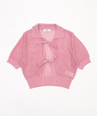 WEGO 襟付きリボンメッシュショートカーデ ピンク
