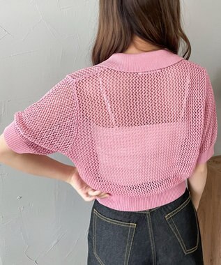 WEGO 襟付きリボンメッシュショートカーデ ピンク