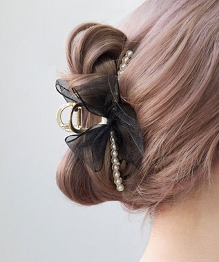 WEB限定】サテンリボンパールヘアクリップ ベージュ / Phoebe