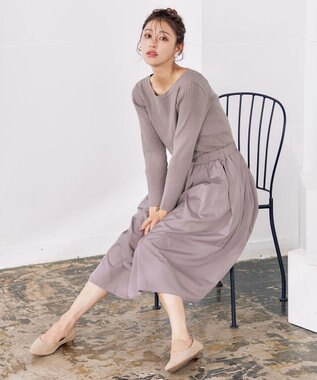 Tiaclasse L 【洗える】タフタスカートドッキングワンピース グレージュ