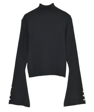 Green Parks ・ｓｗｉｎｇ　ｂｙ　袖パールボタンフレアリブニット Black